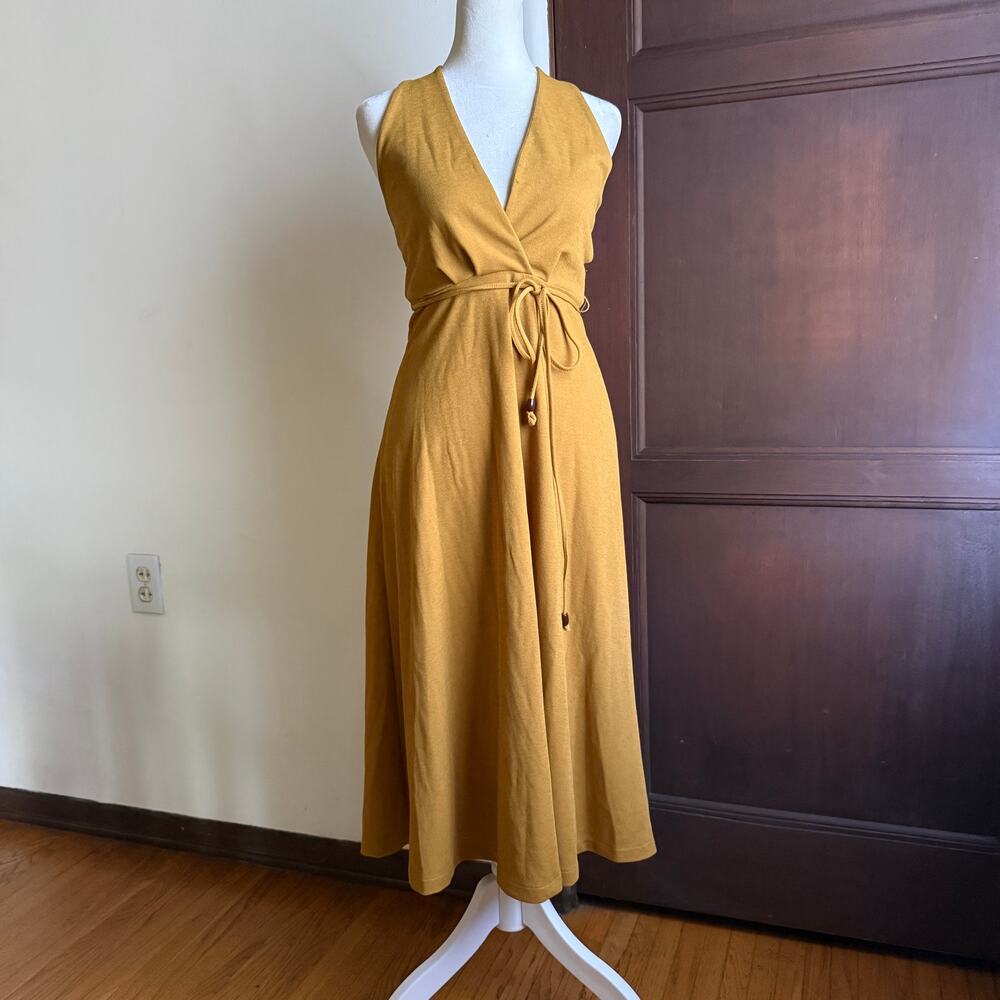 ZARA | Mustard Yellow Stretch Crepe Knit Halter Tie Waist Midi Dress Small BNWT